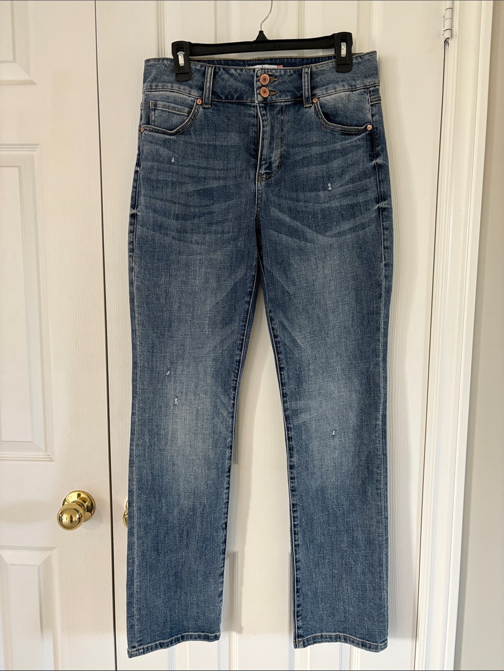 CAbi Straight-Leg Jeans in Washed Blue with Copper Buttons